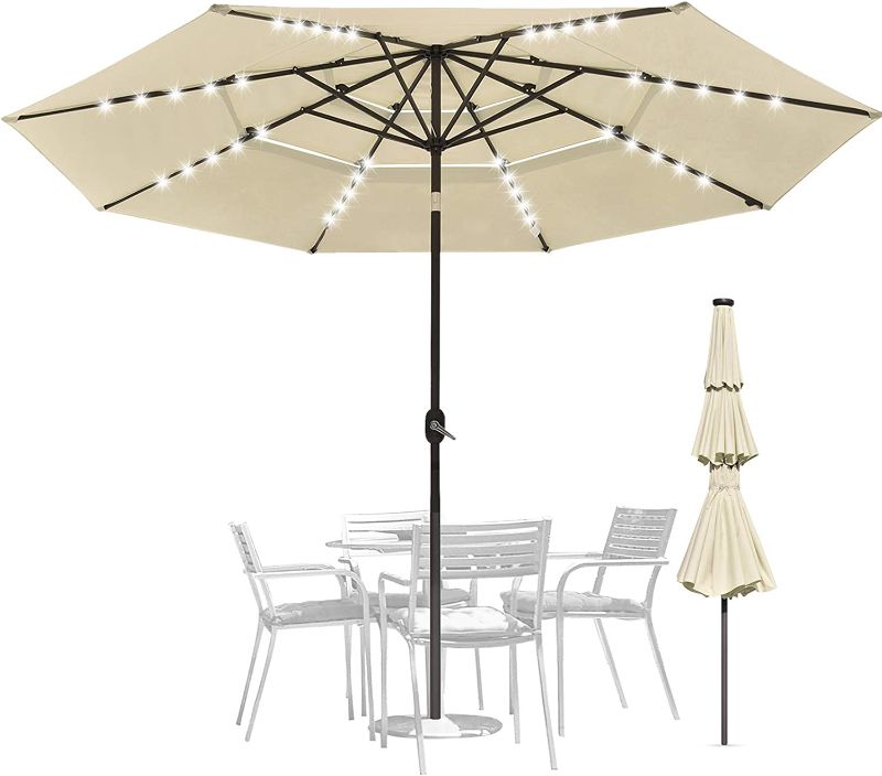 Photo 2 of 11 ft 3-Tiers Patio Umbrella Outdoor Patio Market Umbrella with 40 Solar LED Lights and Tilt (Beige, 11FT)
