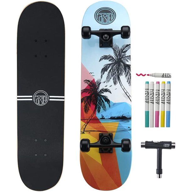 Photo 1 of Fastep 31 inch Complete Skateboard for Kids, Teens, Adults Beginners | with Extra 1 pcs Skate Tool and 5 pcs Colour Pens | Available to Custom Your Skate Board 