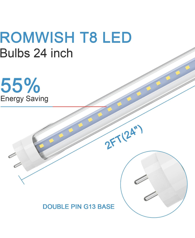 Photo 1 of 2FT LED Tube Light, T8 T10 Type B LED Light Bulb, 1120LM High Bright, 24 Inch F20T12 Fluorescent Replacement, Ballast Bypass, 8W(20W Equiv), 5000K Daylight, Double Ended Power, Clear Cover 