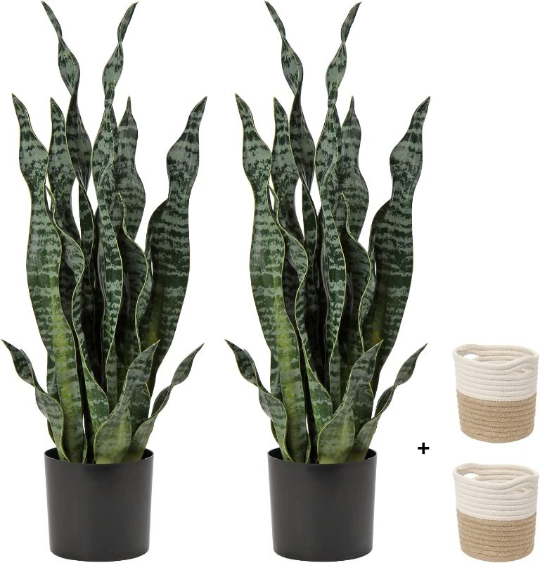 Photo 1 of 2 Set Large Fake Snake Plant Black Coral 25 Inch Sansevieria Plant Artificial Snake Plants in Pots with Woven Basket Faux Mother in Law Tongue Plant - Indoor Outdoor Decor Housewarming Gift…
