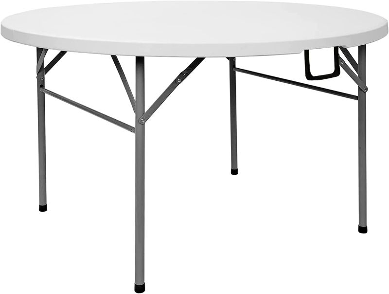Photo 1 of (DAMAGE)Furlide 48" Round Folding Table, 4 Feet Portable Plastic Table Bi-Folding Heavy Duty Circle Commercial Card Table with Carrying Handle for Conference, Wedding, Dining, Picnics Outdoor Table, White
**MINOR COSMETIC DAMAGE**
