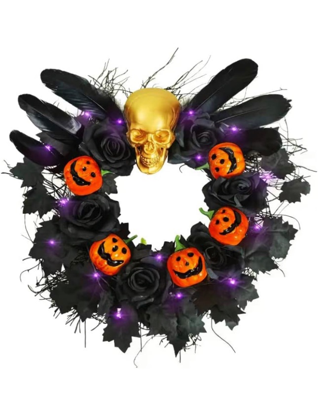 Photo 1 of 20'' Halloween Decorations Outdoor/Indoor Front Door Garland, Battery Operated Halloween Lights Black Wreaths with Skeleton Pumpkin Crafts Scary Halloween Wreath Party Supplies