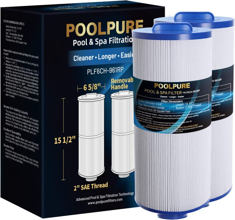 Photo 1 of **opened**
POOLPURE Removable Handle Spa Filter Replaces PJW60TL-OT-F2S, Jacuzzi Prem J300, J400, Unicel 6CH-961, 6541-383, 6540-476, 60 sq.ft Filter Cartridge with Built-in Dispenser, 2PACK
