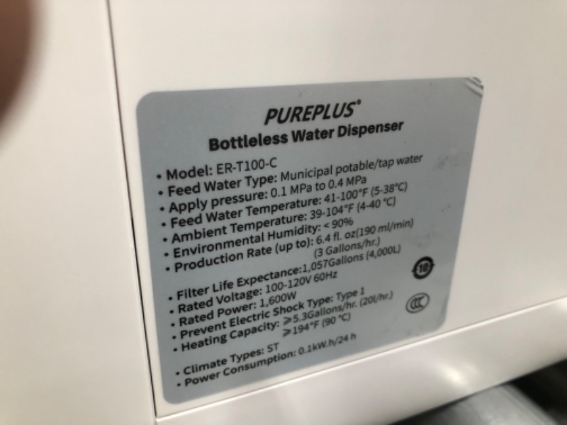 Photo 4 of **unable to test**
PUREPLUS Countertop Reverse Osmosis Water Filtration System, Instant Hot Water Filter Dispenser, Adjustable Temperatures, High Temp Safety Lock, Large Capacity, 5:1 Low Drain Ratio, BPA Free