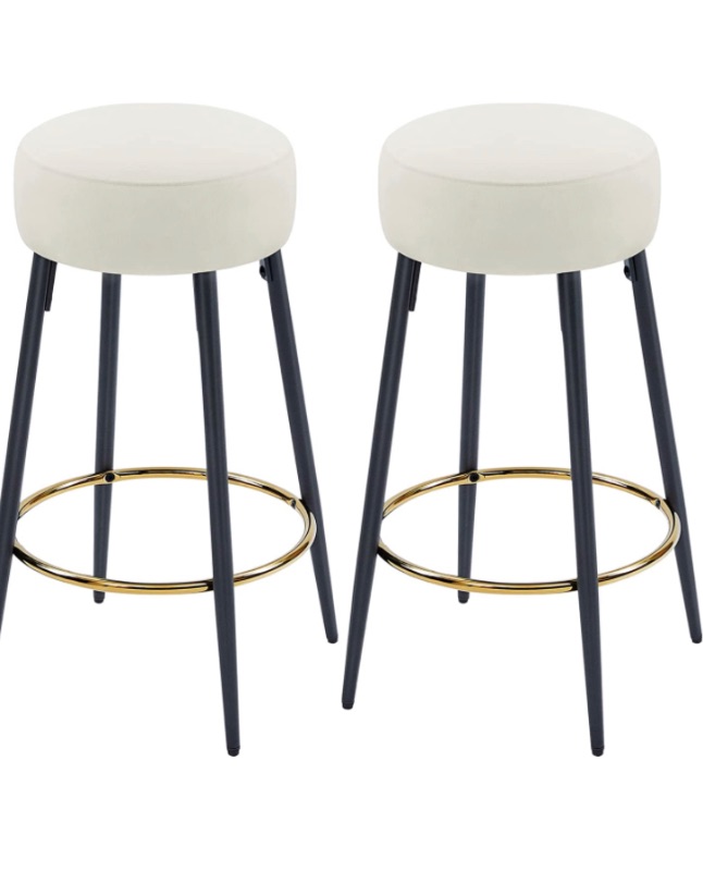 Photo 1 of Fefances Cream Bar Stools Set of 2 Modern Round Velvet Bar Stools Counter Height Bar Stool Kitchen Breakfast Round Dining Chair 27.5 inch Height