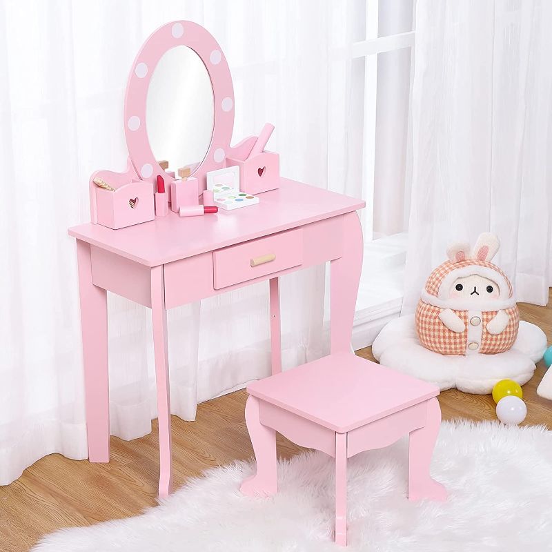Photo 1 of **USED-PART ONLY*
Bophy Girls' Vanity Table and Chair Set, Kids Makeup Dressing Table with Wood Makeup Playset Toy, Kids Vanity Set with Mirror & Drawer for Age 4 - 9,
