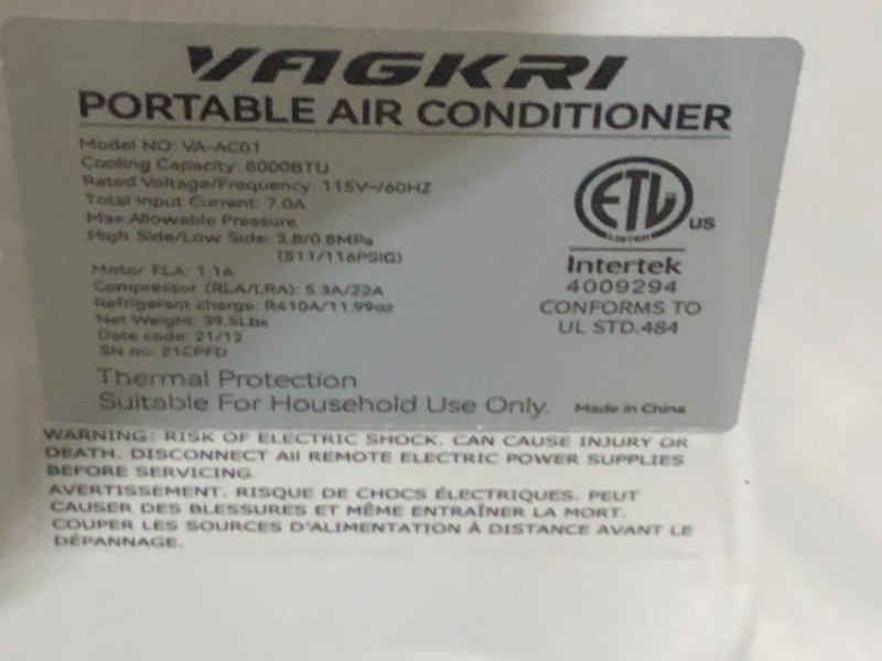 Photo 5 of **USED**
VAGKRI Portable Air Conditioners 8000 BTU 3-in-1 AC Unit with Fan and Dehumidifier