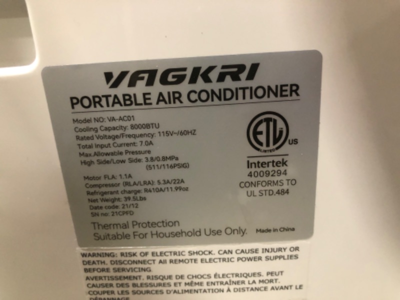 Photo 5 of VAGKRI Portable Air Conditioners 8000 BTU 3-in-1 AC Unit with Fan & Dehumidifier, Cools up to 250 sq. ft. ETL Protection with Side Handles & Casters, LED Display Full-Function, Remote Control, Timer
