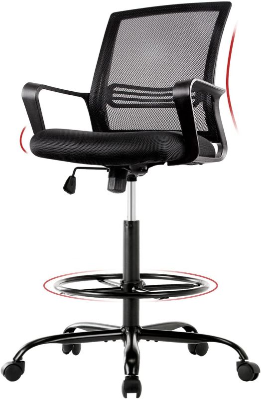 Photo 1 of Mid-Back Mesh Drafting Chair - Tall Office Chair with Armrest Standing Desk Chair Counter Height with Adjustable Foot Ring (Black)
