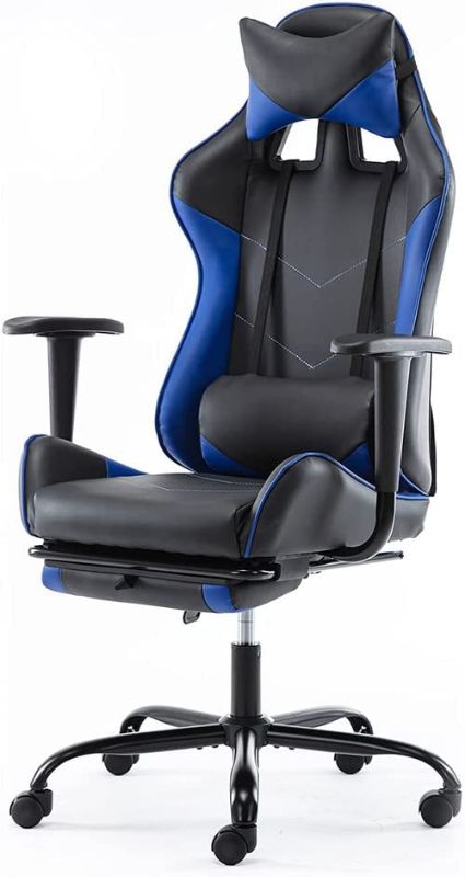 Photo 1 of Office Gaming Chair, PU Leather Computer Chair, Comfortable Swivel Task Home Office Desk Chair High Back with Adjustable Footrest, Black/Blue
