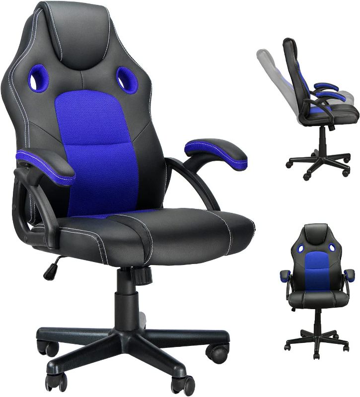 Photo 1 of MUZII Gaming Computer Chair, Gaming Chair, Video Game Chairs with PU Leather and Adjustable Height, Racing Office Desk Chair with Wheels for Teens and Kids, Blue
