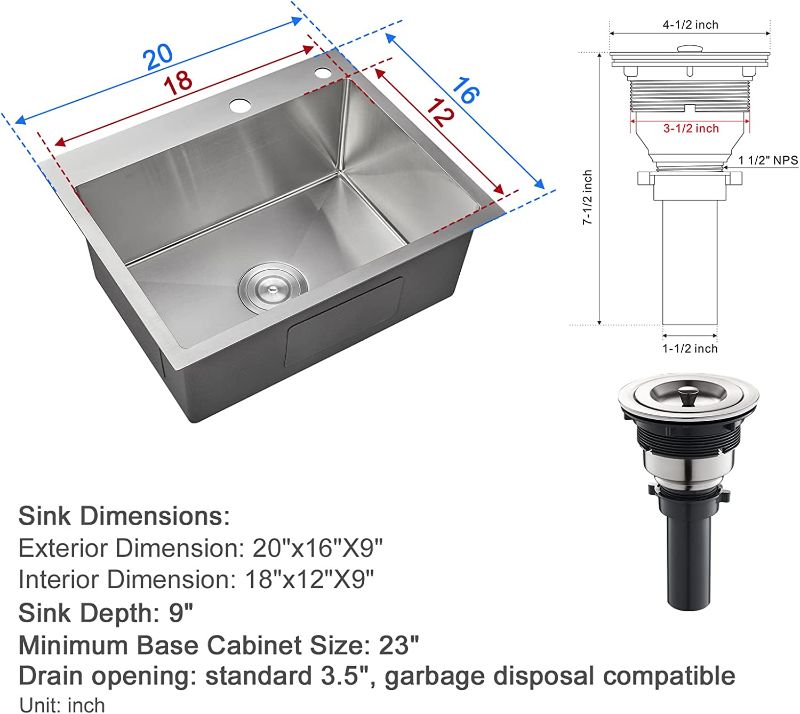 Photo 8 of  20 x 16 x 9 in. Drop in Kitchen Sink Stainless Steel with 2 Holes, Wet Bar Prep RV Sink Single Bowl, Handmade Kitchen Sink Top Mount with Basket Strainer, Anti-Noise Sink Tight Radius, Brushed