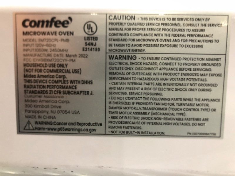 Photo 5 of COMFEE' EM720CPL-PMB Countertop Microwave Oven with Sound On/Off, ECO Mode and Easy One-Touch Buttons, 0.7cu.ft, 700W, Black