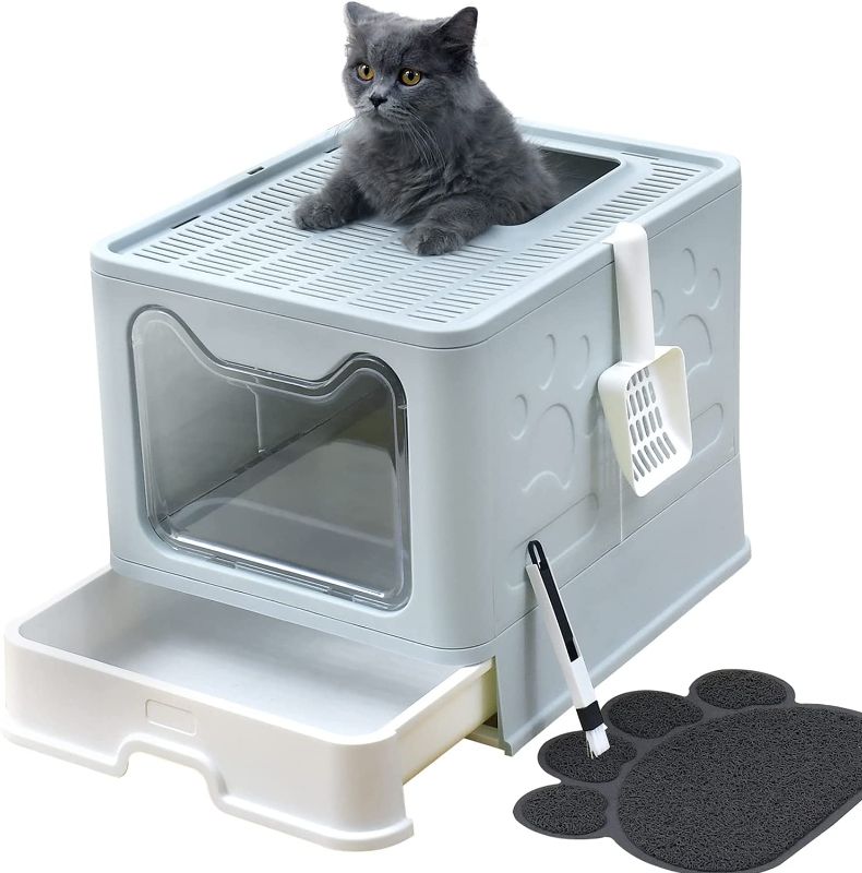 Photo 1 of  Top Entry Cat Litter Box with Lid?Large Foldable Litter Box with Cat Litter Box Mat , Litter Scoop , Cleaning Brush