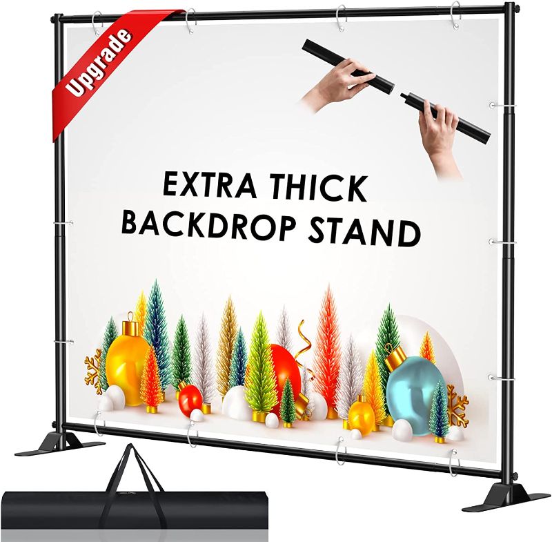 Photo 2 of AKTOP 4x7-8x10 FT Extra Thick Backdrop Banner Stand, Heavy Duty Adjustable Step and Repeat Stand for Parties & Photography, Portable Trade Show Photo Booth Background with Carrying Bag