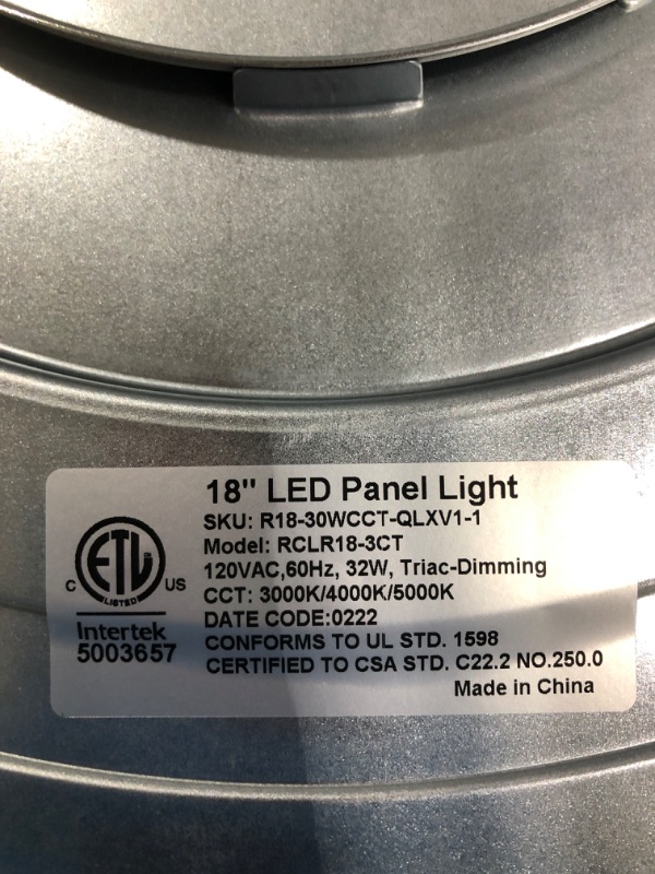 Photo 3 of 18 Inch LED Round Flat Panel Light, White, 32W, 3200lm, 3000K/4000K/5000K CCT Selectable, 120°Beam Angle, Dimmable Edge-Lit Flush Mount Ceiling Light Fixture - ETL Listed
