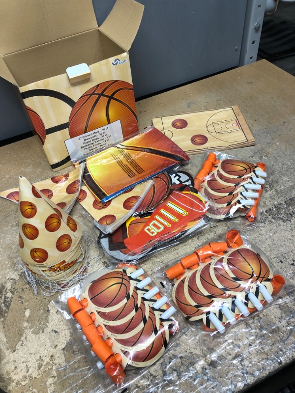 Photo 1 of oojami Basketball Birthday Theme Party Pack 30 Birthday Party Hats 30 Blowouts 30 Treat Bags 12 DIY Photo props 14 Swirls 2 Pennant Banners 1 Backdrop Ideal for Basketball Theme Birthday party