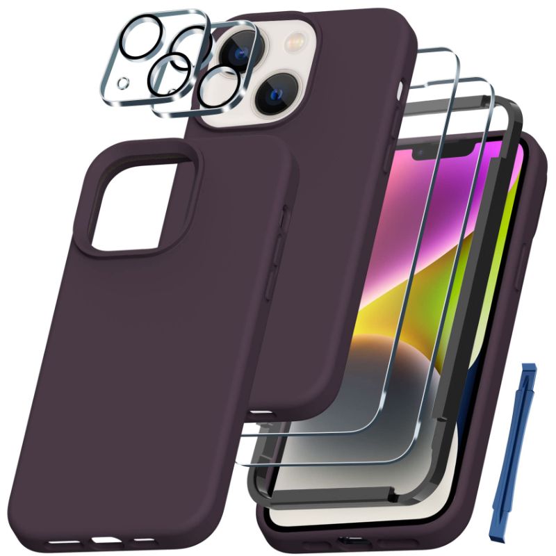 Photo 1 of 2 pack -  QHOHQ [5 in 1] for iPhone 14 Plus Case, with 2X Screen Protector + 2X Camera Lens Protector, Soft Silicone Military Shockproof Slim Thin Phone Case 6.7 Inch for Men and Women, Deep Purple