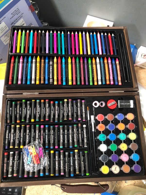 Photo 2 of WRITENBACO 145 Piece Deluxe Art Set, Wooden Art Box & Drawing Kit with Oil Pastels, Crayons, Colored Pencils, Watercolor Cakes, Brushes, Creative Gift (Wooden)