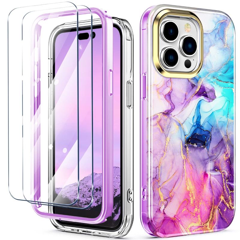 Photo 1 of 2 pack -  Hocase for iPhone 14 Pro Max Case, (with 2pcs Glass Screen Protectors) Shockproof Slim Soft TPU+Hard Plastic Full Body Protective Case for iPhone 14 Pro Max (6.7" Display) 2022 - Colorful Marble