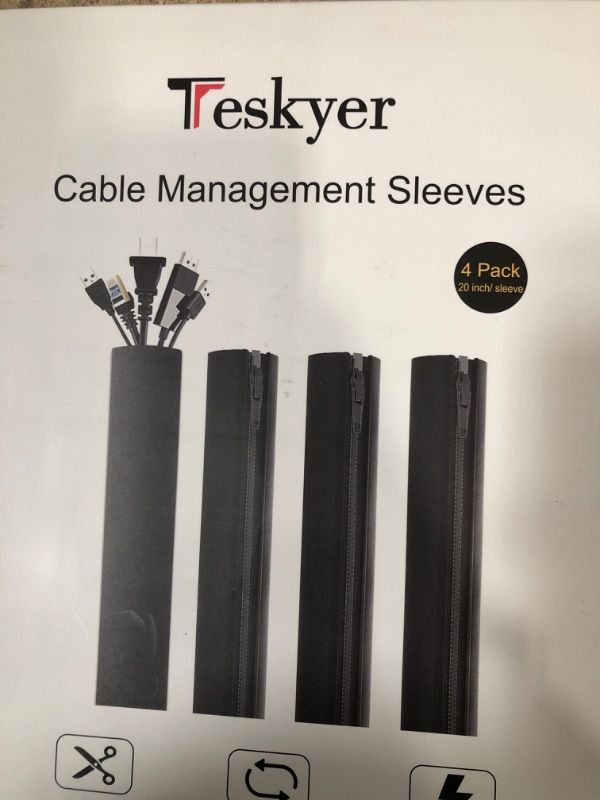 Photo 2 of Teskyer Cable Management Sleeves, 20 inch Cord Organizer Sleeve with Zipper, 4 Pack Wire Wrap Covers, Cable Organizer Sleeves for TV, Computer, Office, Home Entertainment, Black 80" (20" per sleeve)