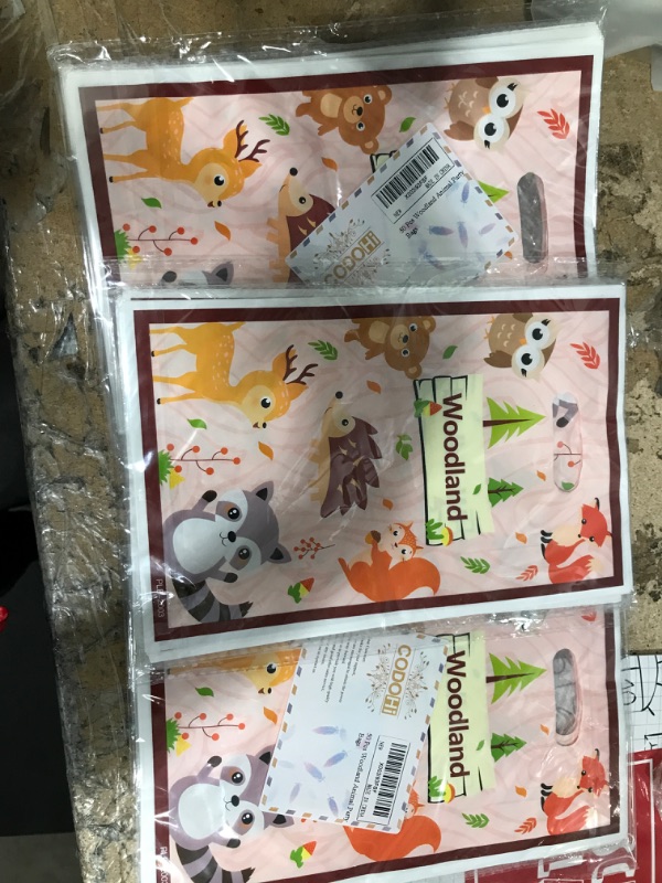 Photo 1 of CODOHI 50 Pcs Woodland Animal Party Treat Bags, Forest Animal Plastic Gift Bags, Squirrel Owl Deer Hedgehog Bear Print Goody Candy Party Favors Plastic Bags for Party Birthday Baby Shower 3 pack 