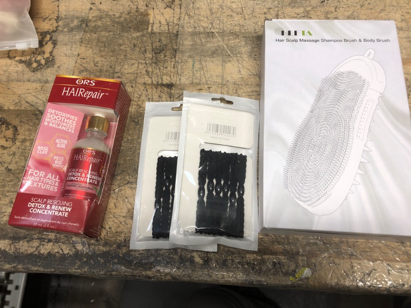 Photo 1 of *BUNDLE OF 4 HAIR PRODUCTS** ORS HAIRepair Scalp Rescuing Detox and Renew Concentrate, HEETA Silicone Body Scrubber and Hair Shampoo Brush, 2-PACK Aigee Black Hair Ties 