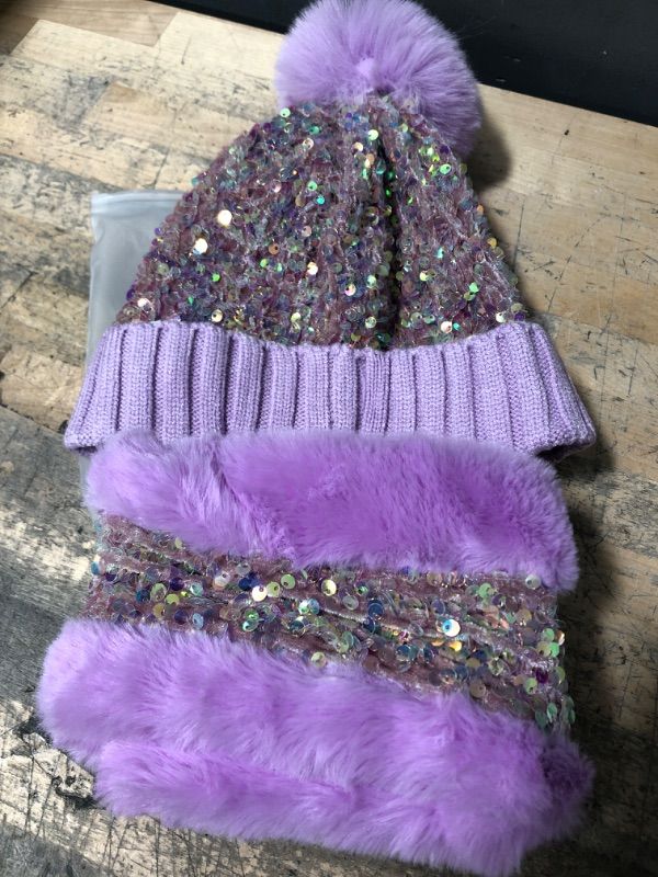 Photo 2 of Girl's Winter Knit Hat and Scarf Set Warm Faux Fur Pom Pom Hat Scarf for Teen Girls Purple