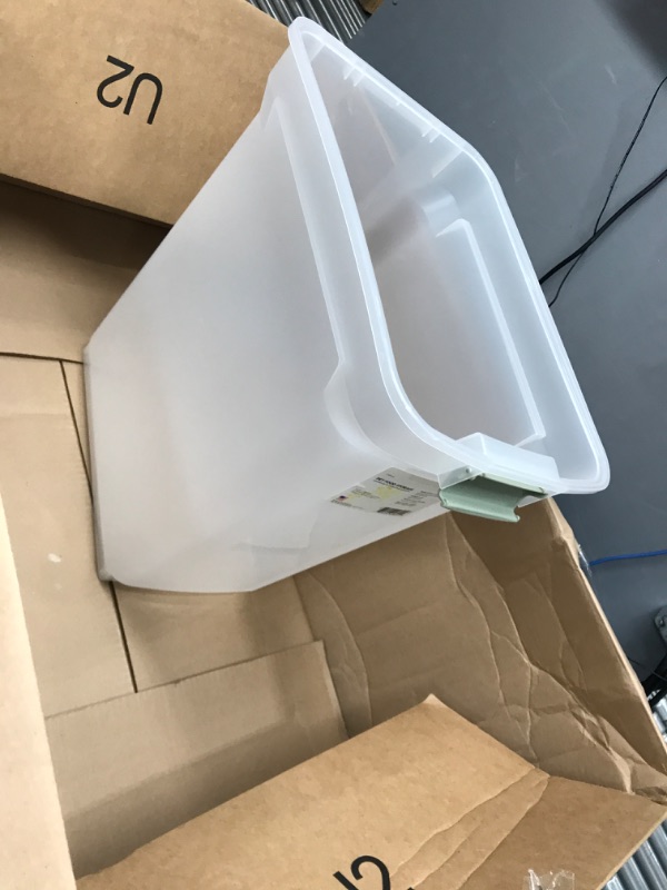 Photo 2 of **lid and casters missing***
IRIS USA 45 Lbs / 55 Qt WeatherPro Airtight Pet Food Storage Container with Attachable Casters, For Dog Cat Bird and Other Pet Food Storage Bin, Keep Pests Out, Translucent Body, Almond/Clear 45 Lbs - 55 Qt Almond