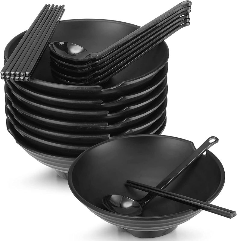 Photo 1 of 12 Set Ramen Bowl Japanese Style Ramen Bowls 42 oz Melamine Noodles Bowl Asian Chinese Large Soup Bowls with Spoons and Chopsticks for Pho Udon Soba Asian Dishes Ramen Noodles, Black

