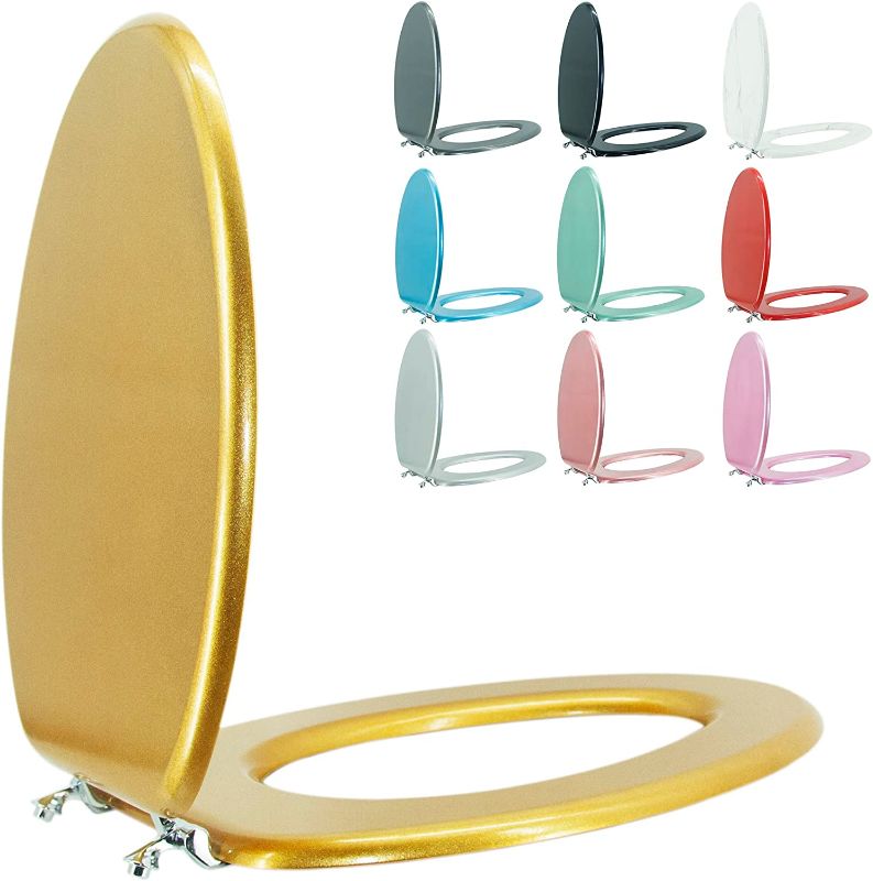 Photo 1 of BLOFDE Elongated Toilet Seat Wood Toilet Seat Prevent Shifting with Zinc Alloy Hinges American Standard Size Toilet Seat Easy to Install also Easy to Clean(Elongated,Classical Gold)
