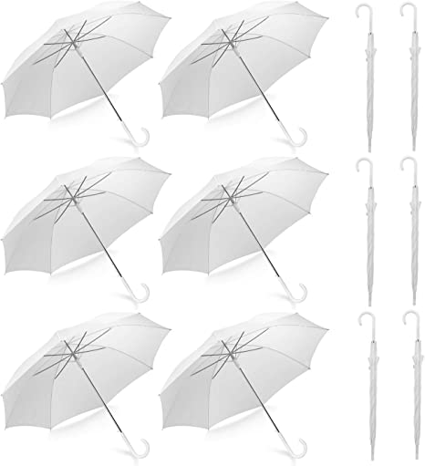 Photo 1 of Pack of25  Wedding Style Stick Umbrellas Large Canopy Windproof Auto Open J Hook Handle in Bulk (Pearl White)
