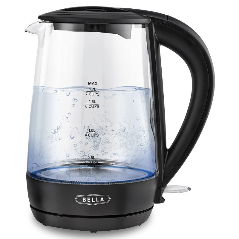 Photo 1 of (DOES NOT POWER UNLESS MANUALLY HELD) BELLA 1.7 Liter Glass Electric Kettle, Quickly Boil 7 Cups of Water in 6-7 Minutes, Soft Blue LED Lights Illuminate While Boiling, Cordless Portable Water Heater, Carefree Auto Shut-Off, Black
