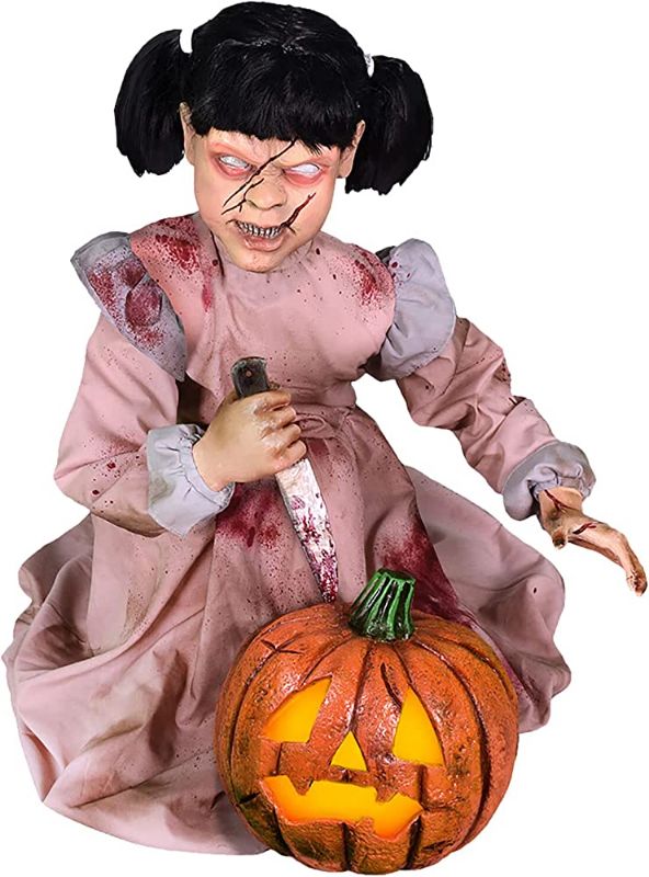 Photo 1 of (MISSING POWERCORDS) Haunted Hill Farm Lunging Pumpkin Carver Girl with Lights by Tekky | Talking Animated Halloween Decorations | Battery Operated Animatronics | Festive Holiday Decor | HHPMPCVR-FLSA, Multicolor
