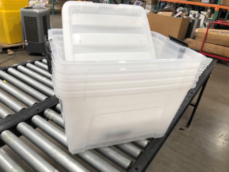 Photo 3 of **5 TUBS WITH 3 LIDS 1 LID IS DAMAGED **IRIS USA 53 Qt. Plastic Storage Bin Tote Organizing Container with Durable Lid and Secure Latching Buckles, Stackable and Nestable, 6 Pack, clear with Black Buckle
