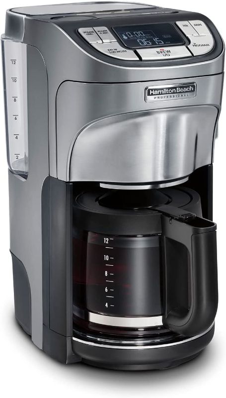 Photo 1 of Hamilton Beach Professional Programmable Drip Coffee Maker, 12 Cup Capacity Ergonomic Carafe, 60oz Removable Reservoir, Brushed Metal (49500)
