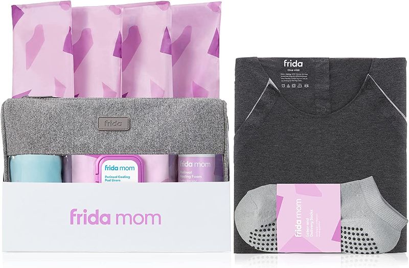 Photo 1 of **MISSING PARTS** Frida Mom Hospital Packing Kit for Labor, Delivery, & Postpartum | Nursing Gown, Socks, Peri Bottle, Disposable Underwear, Ice Maxi Pads, Pad Liners, Perineal Foam, Toiletry Bag, 15 Piece Set

