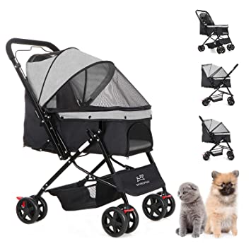 Photo 1 of SKISOPGO Foldable Dogs Cats Pet Strollers for Small Medium Travel with Shock Absorption, Quick Folding Design Pet Gear Stroller (Grey)
