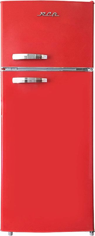 Photo 1 of **DAMAGED**MOTOR MAKES NOISE** RCA RFR1055-RED, Retro 2 Door Apartment Size Refrigerator with Freezer, 10, red, cu ft

