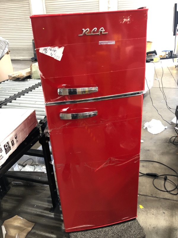Photo 7 of **DAMAGED**MOTOR MAKES NOISE** RCA RFR1055-RED, Retro 2 Door Apartment Size Refrigerator with Freezer, 10, red, cu ft
