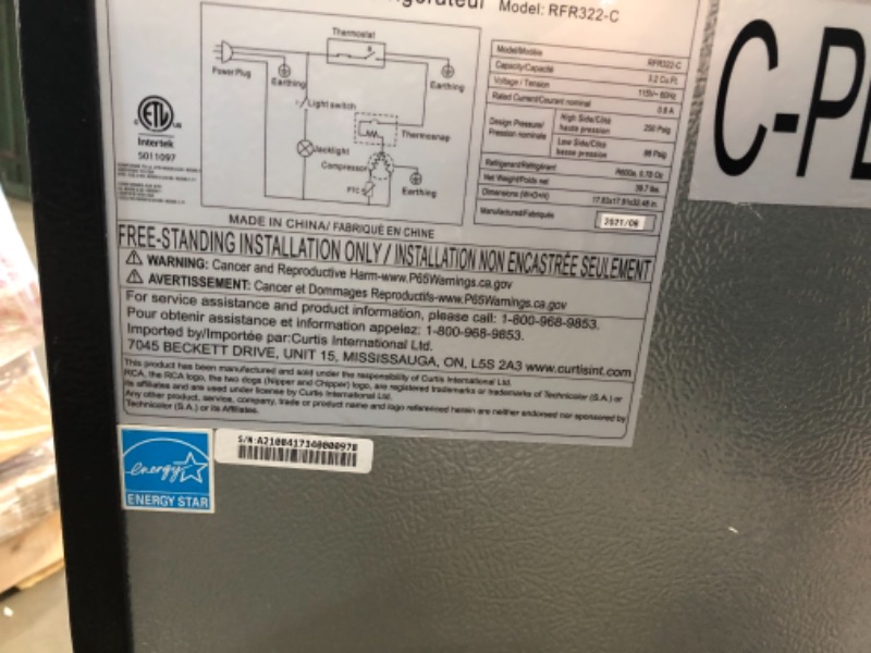 Photo 7 of **REVIEW BOTTOM**DAMAGED** RCA RFR322 Mini Refrigerator, Compact Freezer Compartment, Adjustable Thermostat Control, Reversible Door, Ideal Fridge for Dorm, Office, Apartment, Platinum Stainless, 3.2 Cubic Feet
