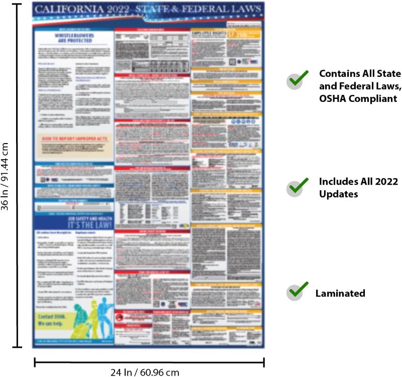 Photo 1 of 2022 California State and Federal Labor Laws Poster - OSHA Workplace Compliant 24" x 36" - All in One Required Posting - Laminated (English)
