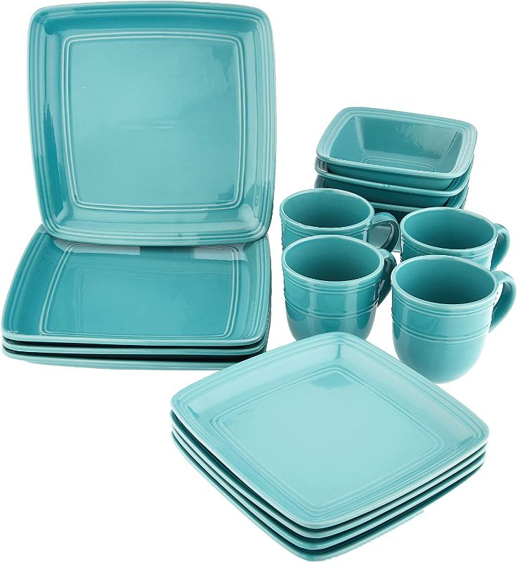 Photo 1 of American Atelier Square Dinnerware Sets | Turquoise Green Kitchen Plates, Bowls, and Mugs | 16 Piece Stoneware Madelyn Collection | Dishwasher & Microwave Safe | Service for 4
