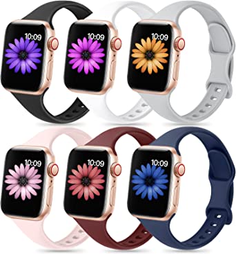 Photo 1 of 6 Pack Slim Sport Band Compatible for Apple Watch Band 38mm 42mm 40mm 44mm 41mm 45mm 49mm,Women Thin Narrow Soft Silicone Replacement Strap Wristband for iWatch Ultra Series 8 7 6 5 4 3 2 1 SE