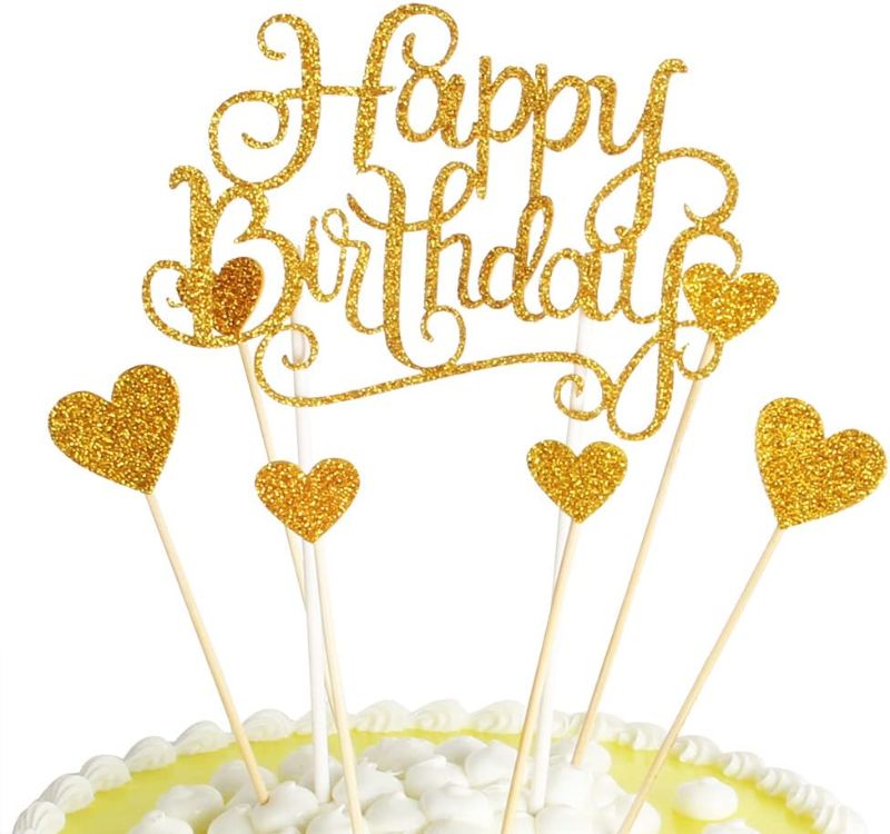 Photo 1 of  Happy Birthday Cake Toppers Gold glitter letters"happy birthday"and love star,Party decor Decorations,Set of 7