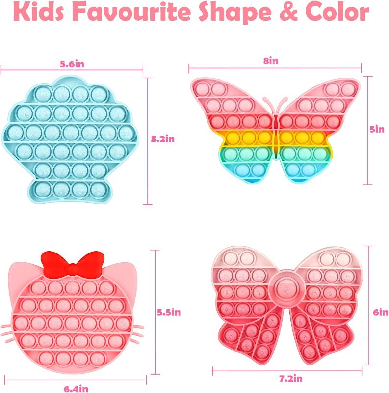 Photo 1 of Asona Girls Push Bubble Fidget Toys 4 Packs with Pop Sound, Pastel Rainbow Butterfly Pink Cute Kitten Cat Bow Blue Seashell Popper Autism Sensory Stress Reliever Toys for Toddlers Kids Car Travel
