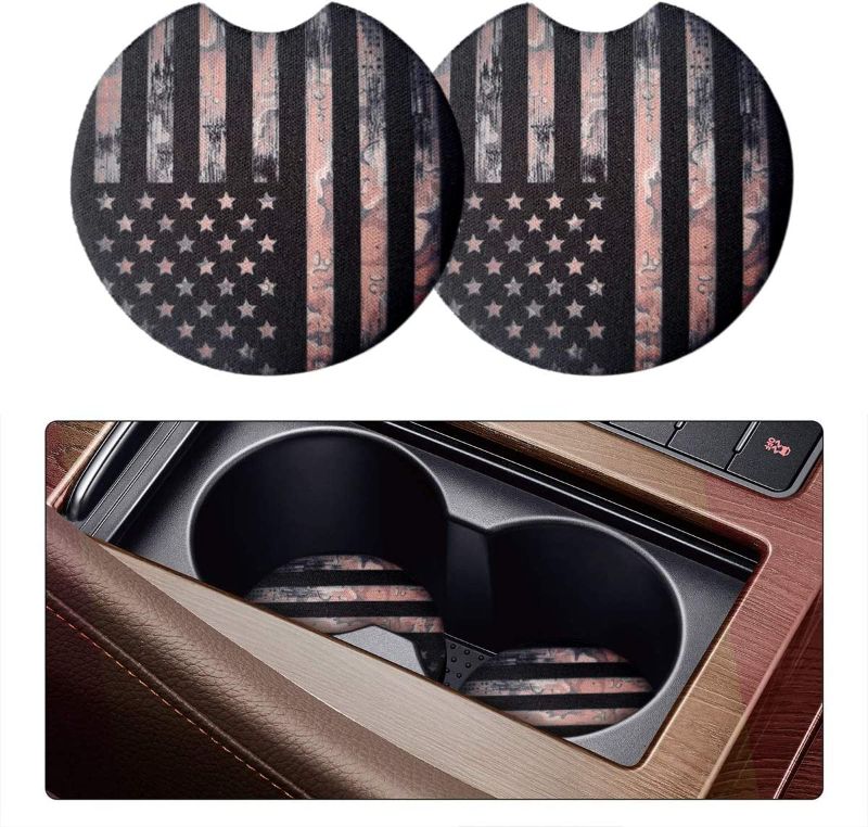 Photo 1 of  Coasters for Drinks Absorbent - 2.75 Inch Cute Car Cup Holder Coasters for Women, Removable Cup Holder Coaster for Your Car, Car Interior Accessories for Women & Girls (Black Flag)