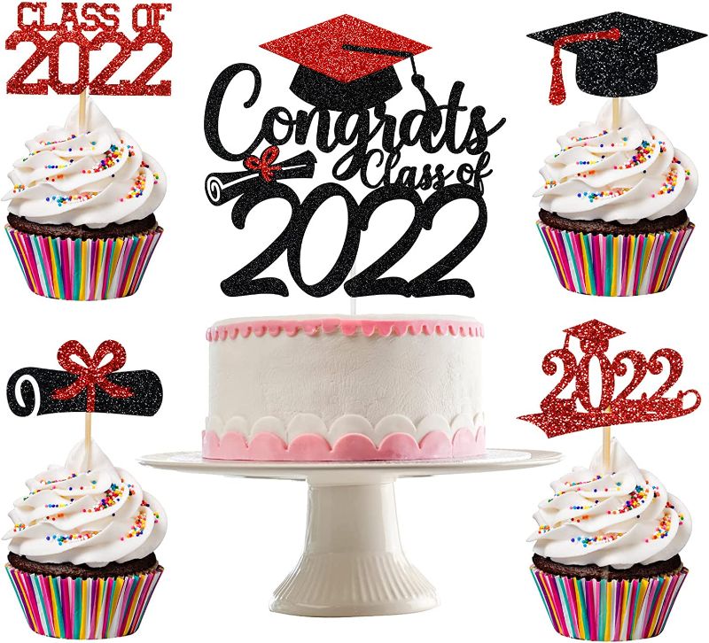 Photo 1 of 
Congrats Class of 2022 Cake Topper Red and Black Glitter and 24Pcs Graduation Cupcake Toppers 2022- Red and Black Graduation Decorations 2022,Class of 2022...