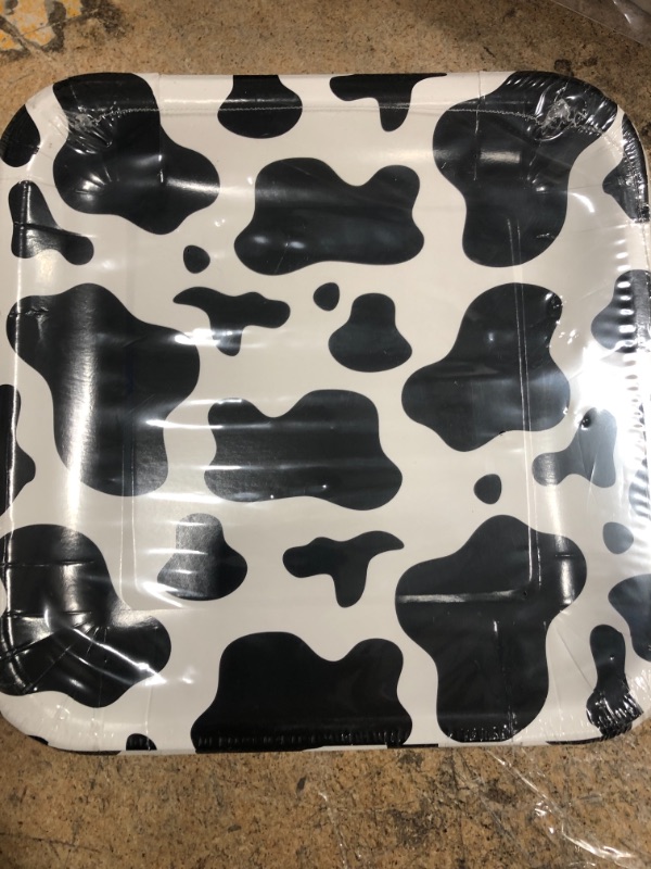 Photo 1 of Beistle 8 Piece Square Barnyard Lunch Paper Plates Cow Print Tableware for Farm Animal Theme Birthday Parties, 7 Inch, Black/White Cow Print Plates - 7 Inch