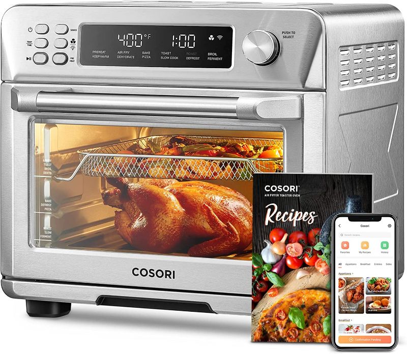 Photo 1 of COSORI Air Fryer Toaster Oven Combo, 12-in-1 Convection Ovens Countertop, Stainless Steel, Smart, 6-Slice Toast, 12-inch Pizza, with Bake, Roast, Broil, 75 Recipes&Accessories Tray, Basket, 26.4QT
